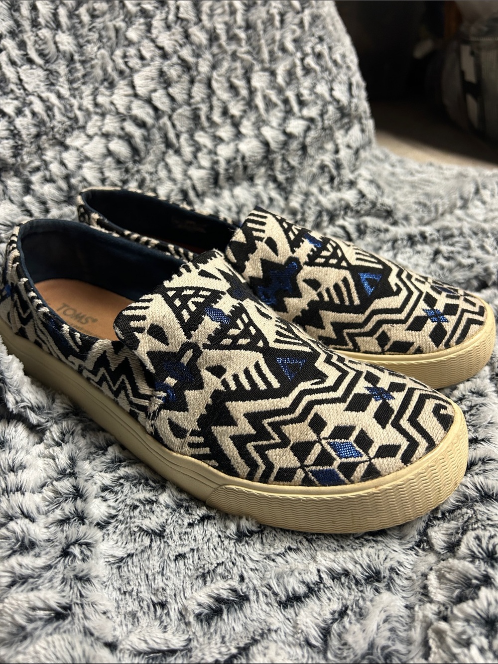Toms Slip-On Loafers in Black, Beige & Blue Aztec Pattern